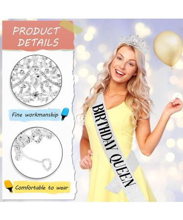 Birthday Queen Crystal Tiara and Glitter Sash Set - Rhinestone Headband for Women and Girls | Birthday Party Decoration - Silver - Buy Online on GoSupps.com