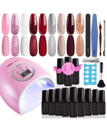 Lavender Violets 20pcs Gel Nail Polish Kit with U V Light 9 Color Soak Off Base Coat Glossy & Matte Top Coat Nail Gel Starter Gift Set with Manicure Tools for DIY at Home F906 Blooming Rose