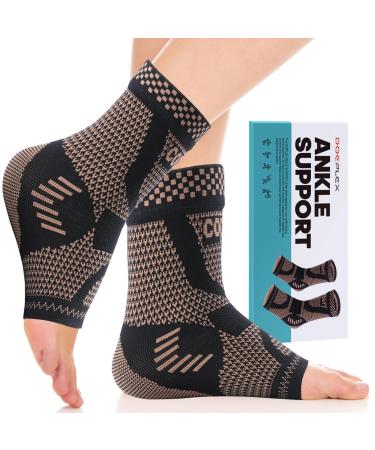 Copper Ankle Brace Compression Sleeve for Women & Men (1 Pair) Foot Arch Support Sock for Pain Relief Plantar Fasciitis Achilles Tendonitis Large Black/Gold