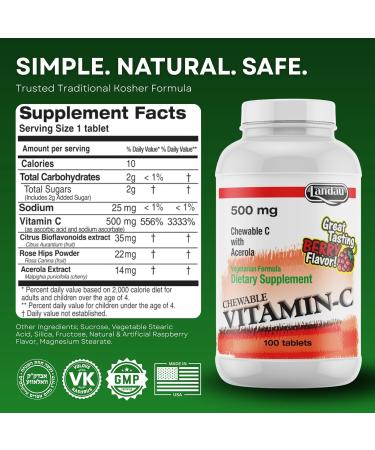 Landau 500mg Chewable Vitamin C Candy for Kids & Adults Easy-to-Take Vitamin C Supplement with Acerola Kosher & Made in The USA Great Tasting Berry Flavor, 100 Tablets - Buy Online on GoSupps.com
