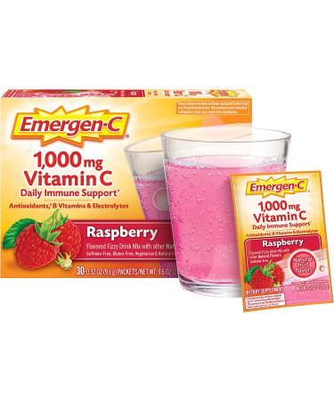 Emergen-C 1000mg Vitamin C Powder with Antioxidants, B Vitamins, Electrolytes - Raspberry Flavor, 60 Count - Buy Online on GoSupps.com