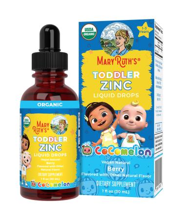 MaryRuth Organics Cocomelon Toddler Liquid Zinc | Sugar Free | USDA Organic | Kids Zinc Sulfate for Ages 1-3 | Immune Support Supplement for Children | Vegan | Non-GMO | Gluten Free | 1 Fl Oz