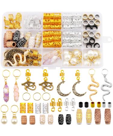 Messen 121Pcs Dreadlocks Jewelry Crystal Wire Wrapped Loc Adornment Imitation Wood Beads Braid Accessories Hair Cuffs Beard Tube Beads Hair Coils Rings Pearl Pendants for Braids Hair Clip Decoration Gold