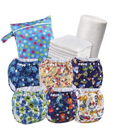 Reusable Nappies - Eco Friendly and Chemical Free Cloth Nappies - Includes 6 Washable Baby Diapers 6 Bamboo Nappy Inserts 1 Roll of Biodegradable Nappy Liner Wet Bag Cartoons