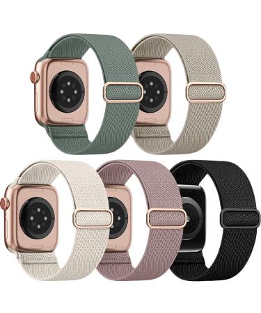 EOMTAM 5 Pack Stretchy Nylon Compatible for Apple Watch Band 38mm 40mm 41mm 42mm 44mm 45mm Women Men Elastic Cloth Sport Wristbands Solo Loop for iWatch Series 8 7 6 SE 5 4 3(38/40/41MM Starlight) Starlight/Stone/Deep-Green/Deep-Pink/Black 38/40/41MM
