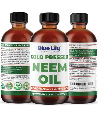 Blue Lily Organic Neem Oil 8 fl oz - USDA Certified 100% Natural Cold Pressed Unrefined Pure Oil for Skin, Hair, Nails, Plants, and Organic Gardening - Buy Online on GoSupps.com