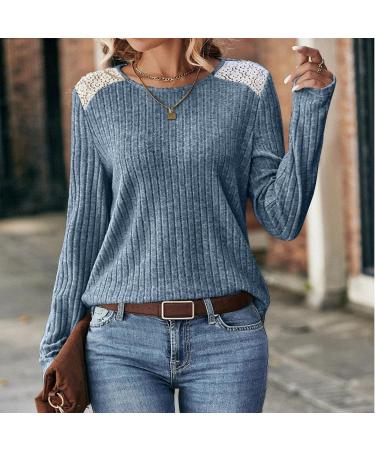 Buy Women's Casual Top - Lace Stitching Round Neck Long Sleeve Shirt Sweater in Blue | Stylish Ladies Fashion for Girls - Buy Online on GoSupps.com
