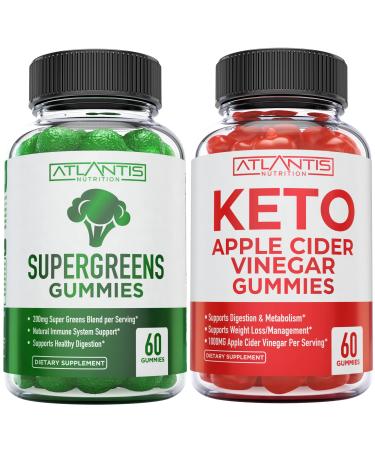 60 Supergreens Gummies Daily Green Superfoods Supplement + 60 Keto Apple Cider Vinegar Gummies Advanced Weight Loss.
