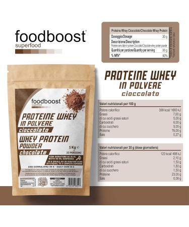foodboost Whey Protein Chocolate 1 kg powder - with dosage - High protein content - Perfect solubility - Promotes muscle growth and recovery in extreme training - Buy Online on GoSupps.com