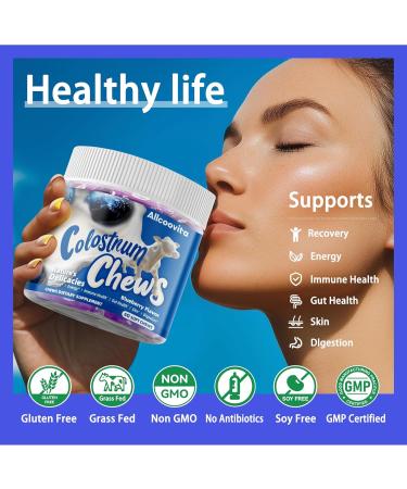 Bovine Colostrum Chews Supplement with probiotics for Gut Health Bloating Immune Support Skin Hair Growth and Beauty - Blueberry Flavor (60 Servings) - Buy Online on GoSupps.com