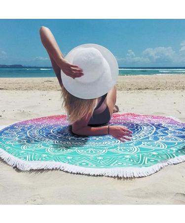 Oversize Round Mandala Beach Towel - Bohemian Quick Dry Microfiber Towel with Tassel - 59 Green Pink Mandala Design - Buy Online on GoSupps.com