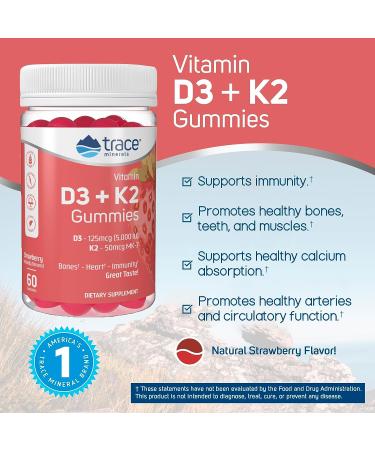 Trace Minerals Vitamin D3 + K2 Gummies | 5000 IU D3 + 50 mcg K2 | Healthy Heart, Bones, Immunity | Vegan, Sugar-Free, Gluten-Free | Natural Strawberry Flavor - Buy Online on GoSupps.com