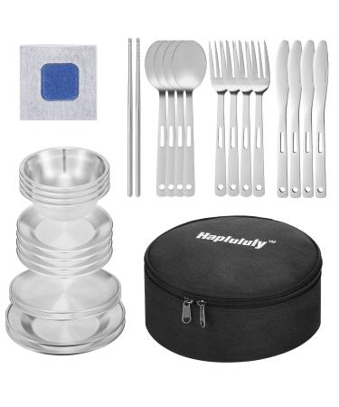 Camping Mess Kit, 28 Pcs Camping Accressories, Stainless Steel Camping Dishes Set Dinnerware for 4 Person Utensils Tableware with Plates, Bowl, Cutlery, Gloves, Rag,for Hiking Gear Picnic black