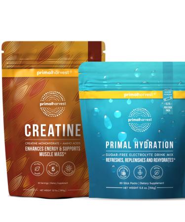 Primal Creatine Powder + Primal Hydration Stick Pack Bundle | 2-Pack | Boost Performance Recovery & Electrolyte Balance | 30 Servings Each