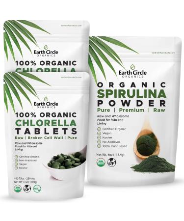 Earth Circle Organics Chlorella 400 Tablets (Pack of 2) and Spirulina Powder 4oz Bundle High Potency Vegan Superfood Supplement Packed with Protein Vitamins & Minerals for Daily Energy and Health