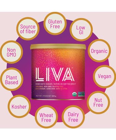LIVA Certified Organic Raw Date Sugar | 100% Pure and Naturally Milled | ECOCERT Canada | Non-GMO Project Verified | Kosher | Single Ingredient | Ethically Sourced | Gluten Free | Plant-Based | 400g x 6 Canisters - Buy Online on GoSupps.com