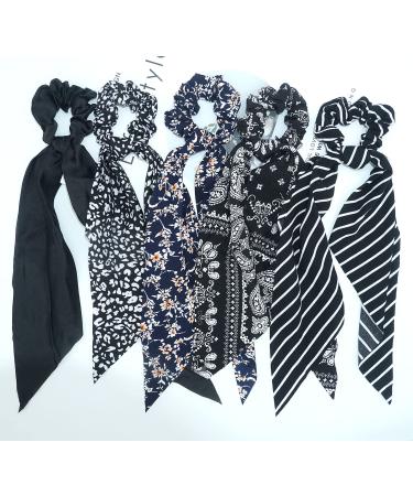 Black Floral/Striped Scarf Scrunchie Set - 5pcs Chiffon/Silk Hair Ties for Women - Buy Online on GoSupps.com
