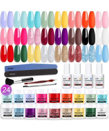 REDNEE 33pcs Nail Dip Powder Kit Starter Set 24 Summer Colors Classic Pink White with Dipping Powder 1-4 Essential Liquid Set & Professional Nail Tools for French Nail Art Design RE82 Reserved for Festival