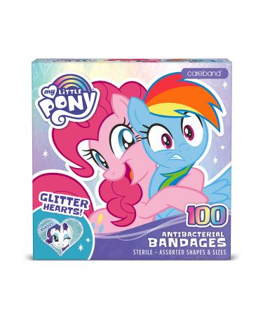 My Little Pony Kids Glitter Bandages, 100 ct Assorted Shapes & Sizes | Wear Like Stickers, Adhesive Antibacterial Bandages for Minor Cuts, Scrapes, Burns. Easter Basket Stuffers for Kids & Toddlers