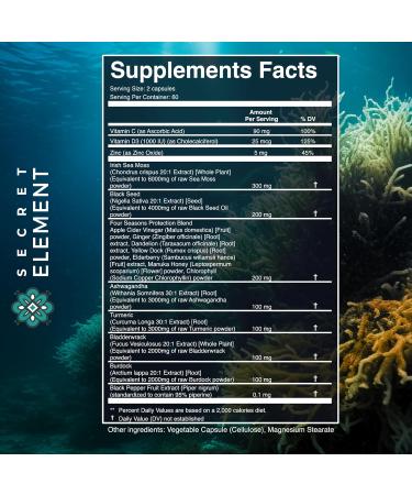 Secret Element Irish Sea Moss Black Seed Oil Ashwagandha Ginger 20 000mg Capsules Seamoss Black Seed Oil Ashwagandha Burdock Root All in One Supplement 120 Capsules 120 Count (Pack of 1) - Buy Online on GoSupps.com