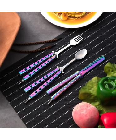 3 Pieces Colorful Stainless Steel Butterfly Comb Fork and Spoon Set for Camping, Hunting, and Travel - Folding Outdoor Cutlery - Buy Online on GoSupps.com