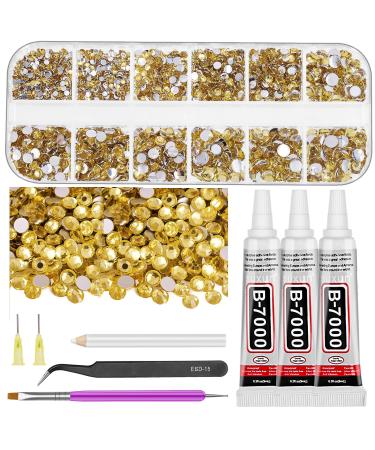 GLARKS B7000 Jewelry Adhesive Glue with Rhinestone Gems Kit 2600Pcs Yellow Rhinestones with Gems Adhesive Flat Back Gems Crystal Rhinestones with 6Pcs Dotting Tools for Craft Nail Art Gold