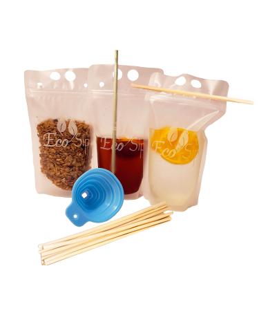 Biodegradable Disposable Drink Pouches by EcoSip  Eco-Friendly w/Gusset Bottom & Reclosable Zipper  Non-Toxic, BPA & Phthalate Free  Hay Straws & Funnel Included (100)