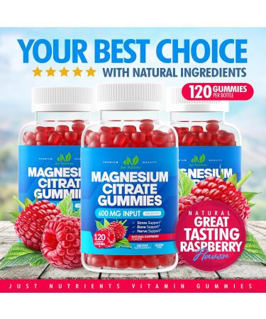 Magnesium Citrate 600mg Gummies (120 Count) - Maximum Strength Supports Calm Bone Heart & Nerve Health - Gluten-Free Non-GMO Vegetarian Great Tasting Raspberry Flavor - 60 Servings - Buy Online on GoSupps.com