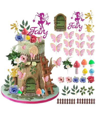 32PCS Fairy Cake Toppers Fairy Cake Decoration Pink Mushroom House Cake Decoration Butterfly Cake Decoration Fairy Garden Topper Fairy Party Supplies Favors for Fairy Birthday Party Baby Shower