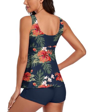 Floral Print Modest Tankini Swimsuit Set with Boyshorts, Tummy Control - Large Navy - Buy Online on GoSupps.com