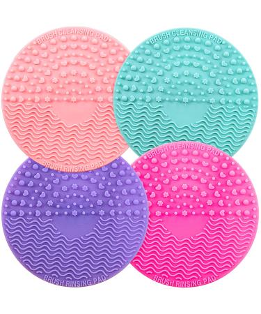 4 Packs Silicone Makeup Brush Cleaning Mat, Round Makeup Brush Cleaner Pad Cosmetic Brush Cleaning Mat Portable Washing Tool Scrubber with Suction Cup (Green, Purple, Pink, Rose Red)