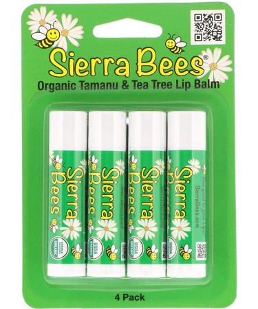 Sierra Bees Organic Lip Balms 4 Pack - Tamanu & Tea Tree, 0.15 oz Each - Natural Moisturizer - Buy Online on GoSupps.com