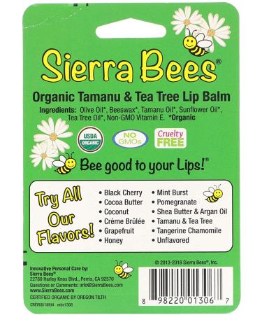 Sierra Bees Organic Lip Balms 4 Pack - Tamanu & Tea Tree, 0.15 oz Each - Natural Moisturizer - Buy Online on GoSupps.com