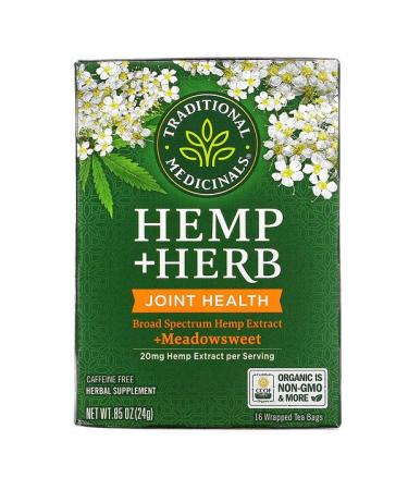 Traditional Medicinals Hemp+ Herb Joint Health + Meadowsweet Caffeine Free 16 Wrapped Tea Bags .85 oz (24 g)
