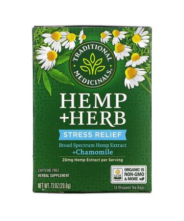 Traditional Medicinals Hemp+ Herb Stress Relief + Chamomile Caffeine Free 16 Wrapped Tea Bags .73 oz (20.8 g)