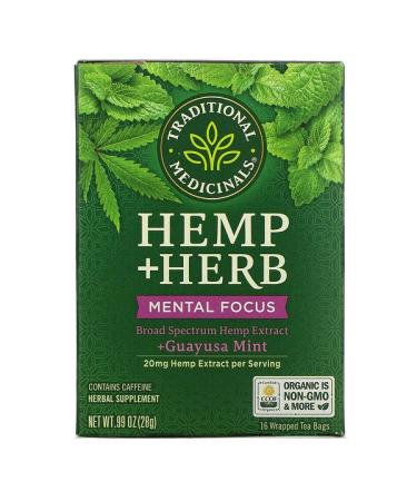 Traditional Medicinals Hemp+ Herb Mental Focus +Guayusa Mint 16 Wrapped Tea Bags .99 oz (28 g)