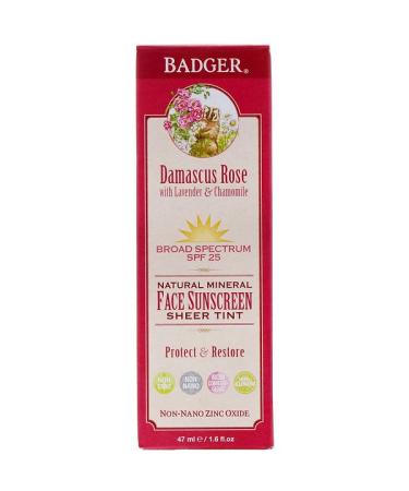 Badger Company Natural Mineral Face Sunscreen Sheer Tint SPF 25 Damascus Rose 1.6 fl oz (47 ml)