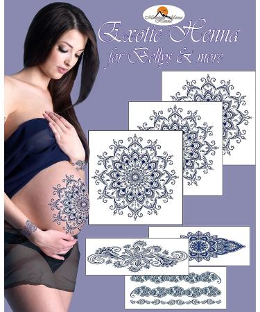 Pregnancy Belly Henna Temporary Tattoo - Realistic Mandala Design for Women. Ideal for Gender Reveal Parties - Waterproof and Elegant (Blue) - Buy Online on GoSupps.com