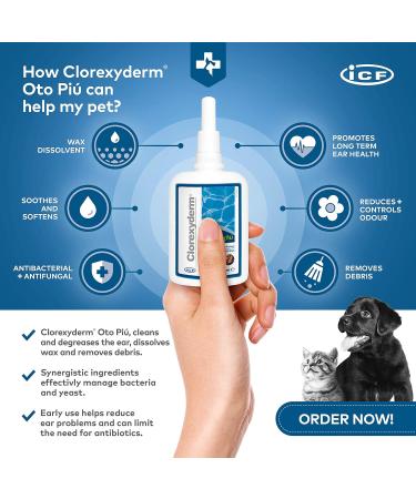 ICF Clorexyderm OTO Pi Ear Cleaner for Dogs & Cats: Prevents Dirt & Wax Build-up - Ear Drops Solution to Soothe Itchy Ears - 150 ml - Buy Online on GoSupps.com