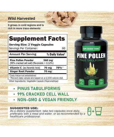 Pine Pollen Supplement wtih Ginger Root and Vitamin C, 99% Cracked Cell  Wall,120 Veggie Capsules