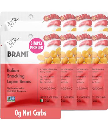 BRAMI Lupini Beans Snack, Hot Chili Pepper | 7g Plant Protein, 0g Net Carbs | Vegan, Vegetarian, Keto, Plant Based, Mediterranean Diet, Non Perishable | 5.3 Ounce (8 Count) Hot Chili Pepper 5.3 Ounce (Pack of 8)