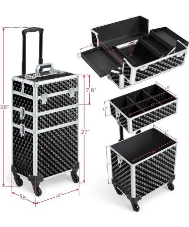Yaheetech 3 in 1 Rolling Makeup Train Case | Professional Cosmetic Trolley with Swivel Wheels and Key | Large Aluminum Suitcase with Diamond Pattern - Black - Buy Online on GoSupps.com