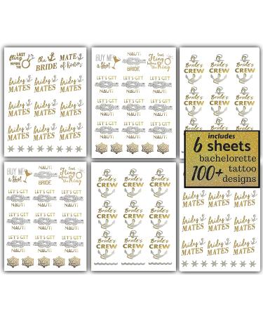 Bachelorette Bride to Be Nautical Temporary Tattoos - 100+ Gold Metallic Designs - Bride's Crew, Nauti Bride, Last Fling - Perfect for Engagement & Bachelorette Party - Waterproof & Nontoxic - Buy Online on GoSupps.com