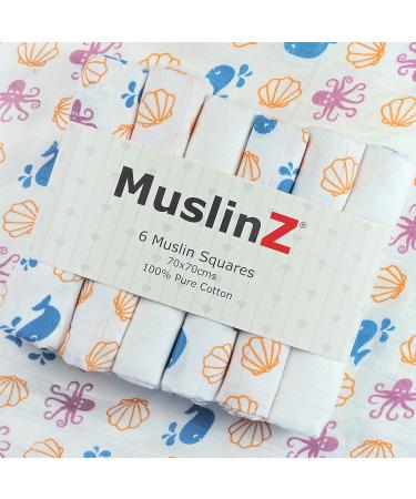MuslinZ 6pk Baby Muslin Squares Burp Cloths, Dribble Cloth, Breastfeeding Cover - Sealife Print 100% Pure Cotton 70x70cm | Absorbent & Breathable - Buy Online on GoSupps.com
