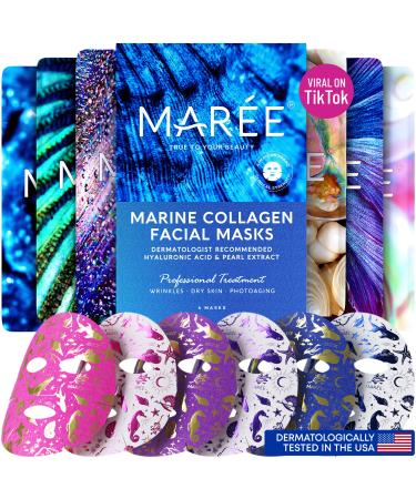 MAREE Facial Masks With Natural Pearl Extract, Marine Collagen & Hyaluronic Acid - Anti Aging Collagen Facial Masks Skin Care for Wrinkles, Dry Skin & Photoaging - Firming Facial Sheet Masks, 6 Pack