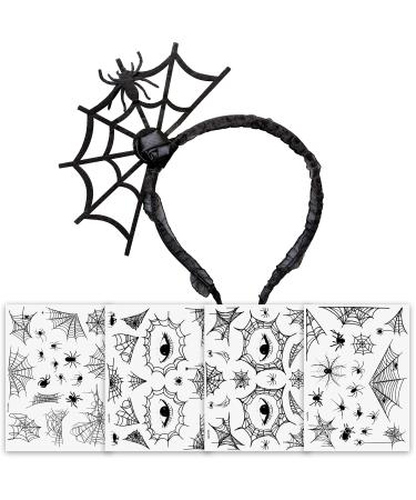 Pandecor 4 Pieces Spider Temporary Tattoos and 1 Piece Spider Web Headband Set for Halloween Costume