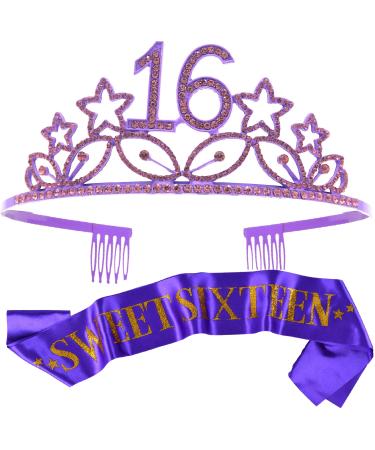 MEANT2TOBE 16th Birthday Sash and Tiara for Girls - Fabulous Set: Glitter Sash + Stars Rhinestone Purple Premium Metal Tiara  16th Birthday Gifts for Sweet 16 Birthday Party