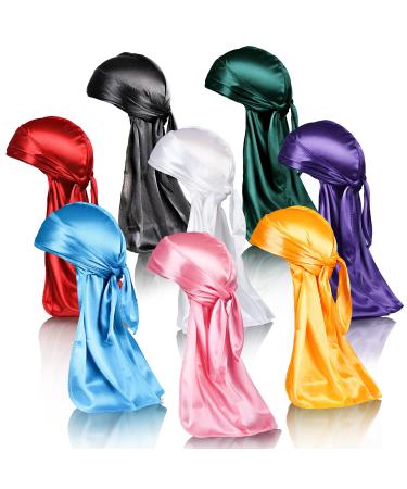 YEZEY 8Pcs Silk Durag Pack, Silky Durags for Men Women Waves, Satin Durag with Extra Long Tails, Breathable Doo Rags with Wide Straps Black, White, Red, Blue, Pink, Purple, Yellow, Green