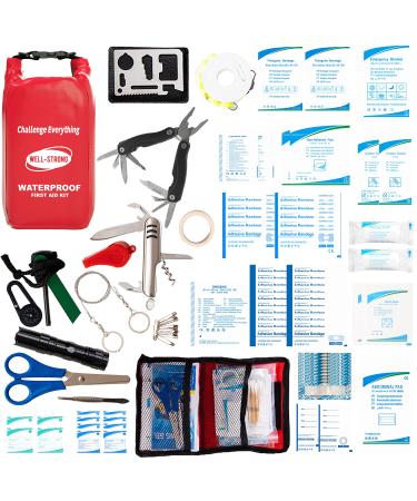 WELL-STRONG Survival First Aid Kit 111pcs Waterproof Boat Emergency Kit for Fishing Kayaking Boating Swimming Camping Rafting Beach Ws014-red