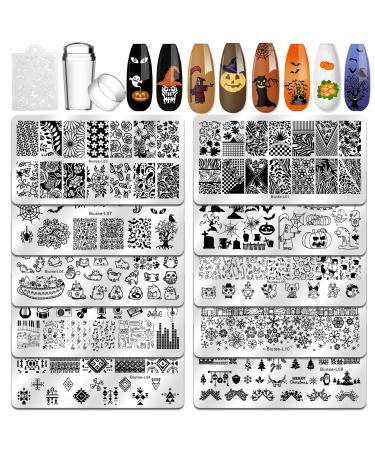Biutee Halloween Fall Nail Art Stamping Plate Kit Stamp for Nails Jelly Stamper Scraper Pumpkin Plate for Nail Art Design Holiday Flower Animal Leaves DIY Manicure Salon 12 pcs Template